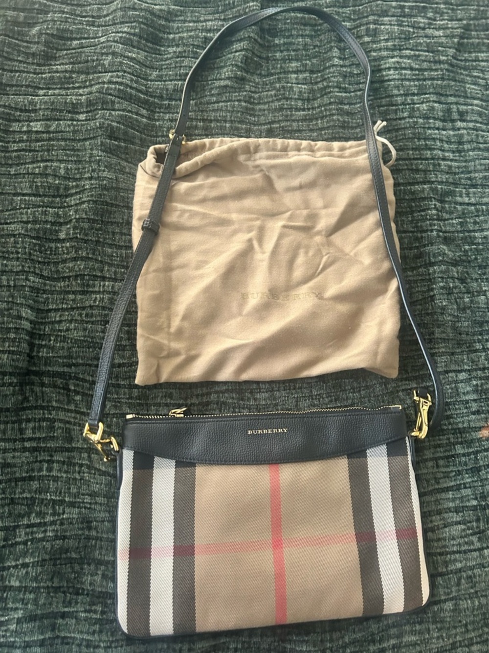 Burberry Beige Check Crossbody with Black Trim and Gold Hardware